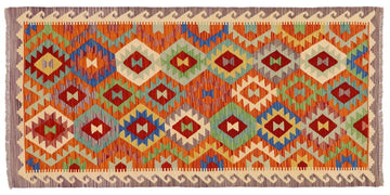 Flat Weave Kilim, Antique, Navaho, Vintage, Handmade, Geometric Kilim Rust Beige Hand-Woven Runner 100% Wool Area Rug 3 x 7